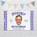 Officially Not My Problem banner displayed against a white brick wall with party bunting. Personalized retirement party backdrop with custom photo and retirement details.
