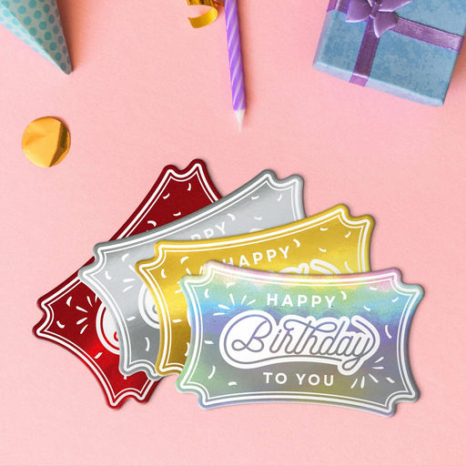Four birthday slim rectangle tags in metallic gold, metallic silver, metallic red, and metallic rainbow.