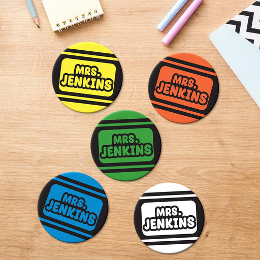 Personalized teacher coasters featuring Crayola design with custom teacher name in multiple color options. Ideal for classroom gifts.
