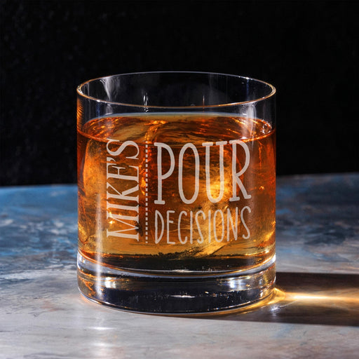 Clean hero-style image of the personalized whiskey glass on a marble surface with rich whiskey tones and dramatic lighting. The engraving appears crisp and professional, ideal for highlighting the premium craftsmanship.