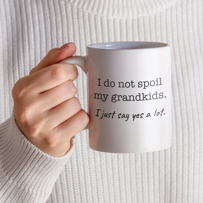 Funny grandma or grandpa mug held in hand with “I Do Not Spoil My Grandkids” design.
