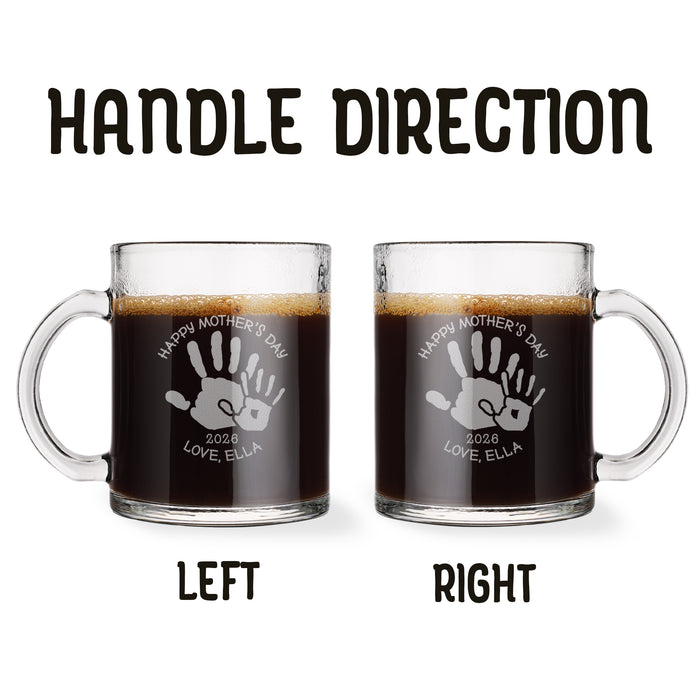 Two identical glass mugs with the text engraved on them. Each showcasing handle direction, LEFT or RIGHT.