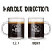 Two identical glass mugs with the text engraved on them. Each showcasing handle direction, LEFT or RIGHT.