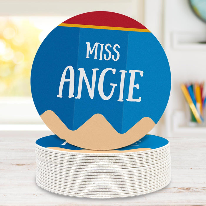 Pencil style coaster displayed on a stack on a wood surface. Highlights design and product thickness.