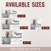 Size chart displaying all available banner sizes including 24" x 48", 36" x 60", 48" x 72", and 36" x 36". Shows how the Happy Retirement design appears in each size option.