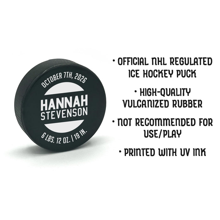 Product details graphic showing the UV printed baby birth announcement hockey puck with notes about material, size, and display use.