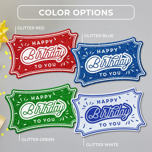 Confetti birthday tag color options in glitter red, glitter blue, glitter green, and glitter white.