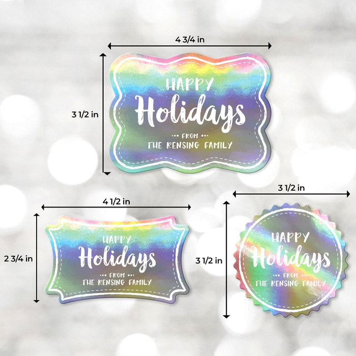 Personalized Christmas gift tag size guide showing rounded rectangle, slim rectangle, and round tag dimensions on a soft white holiday background.