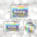 Personalized Christmas gift tag size guide showing rounded rectangle, slim rectangle, and round tag dimensions on a soft white holiday background.