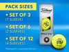 Pack sizes include:
• Set of 3 (1 Sleeve)
• Set of 6 (2 Sleeves)
• Set of 12 (4 Sleeves)
*Packaged in original branded box

The background image shows a sleeve of yellow Titleist ProV1x golf balls on a blue surface.