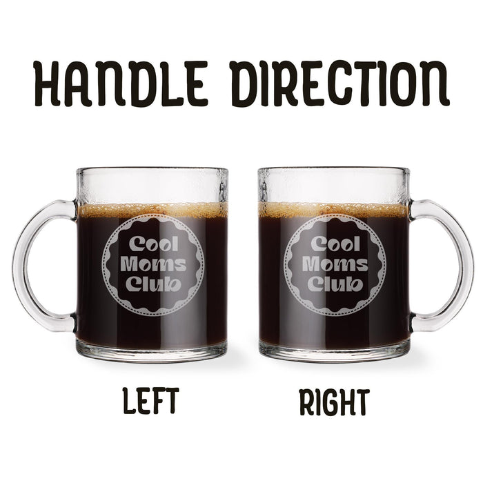 Two identical glass mugs with the text engraved on them. Each showcasing handle direction, LEFT or RIGHT.