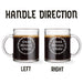 Two identical glass mugs with the text engraved on them. Each showcasing handle direction, LEFT or RIGHT.