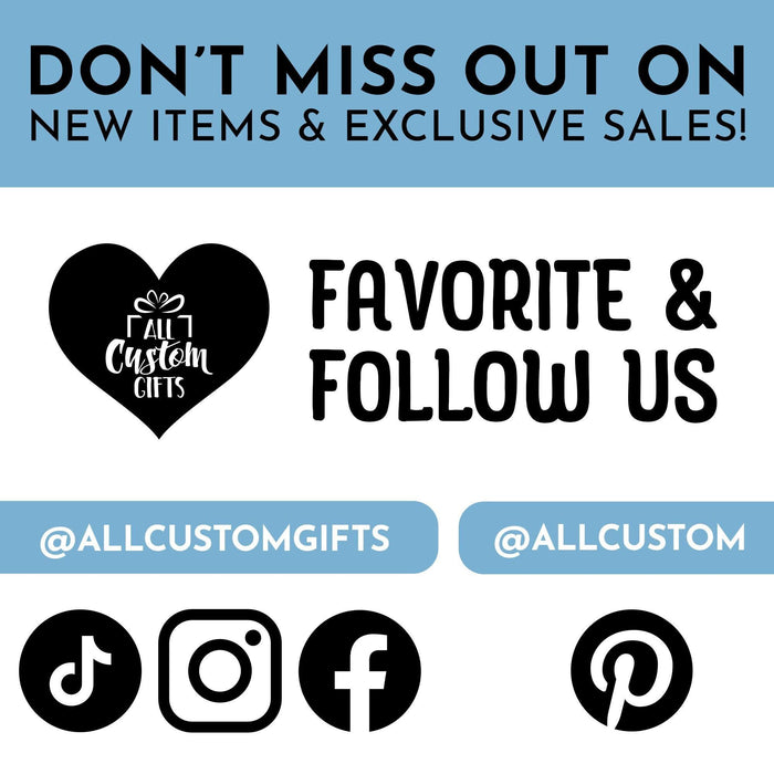 Social media promotional graphic encouraging customers to follow All Custom Gifts for updates and exclusive sales, featuring Instagram, Facebook, TikTok, and Pinterest icons.