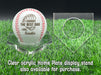 A personalized baseball with red stitching is placed on a clear acrylic stand, accompanied by a text overlay that reads Clear acrylic Home Plate display stand also available for purchase.
