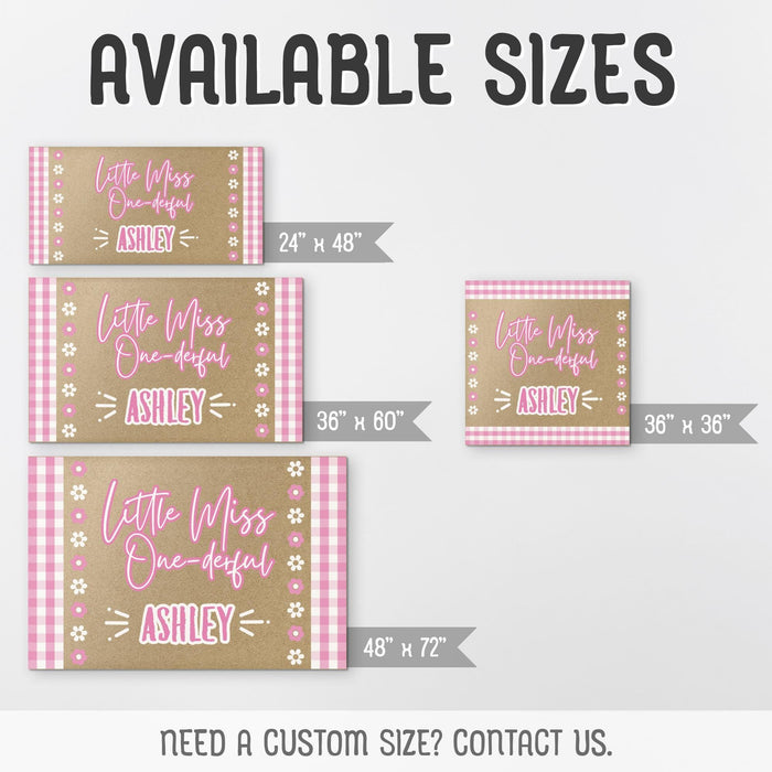 Size chart graphic showing available printed banner sizes including 24x48, 36x60, 48x72, and 36x36 for the first birthday backdrop.