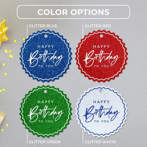 Elegant script birthday tag color options in glitter blue, glitter red, glitter green, and glitter white shown together.