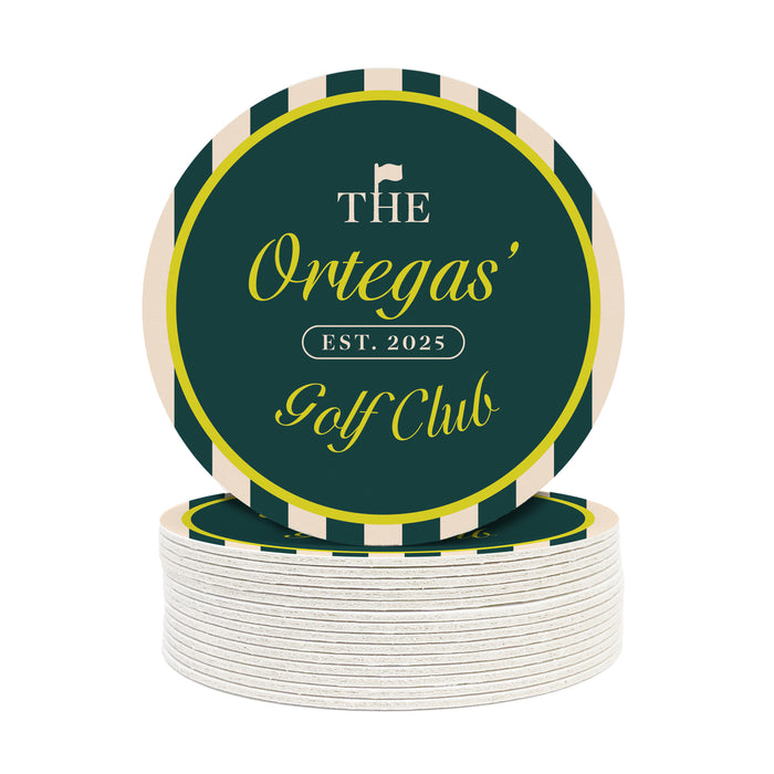 A stack of white plates with a green and yellow circular logo on them.