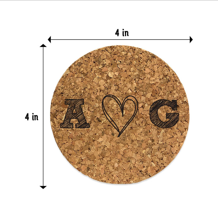 Round 4-inch cork coaster featuring a hand-drawn heart monogram with personalized initials.