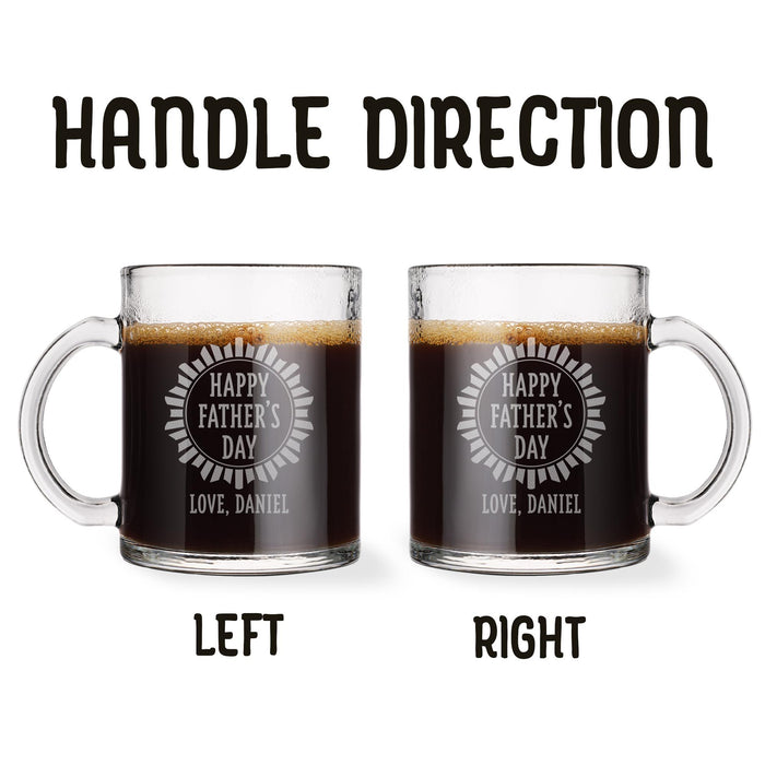 Two identical glass mugs with the text engraved on them. Each showcasing handle direction, LEFT or RIGHT.