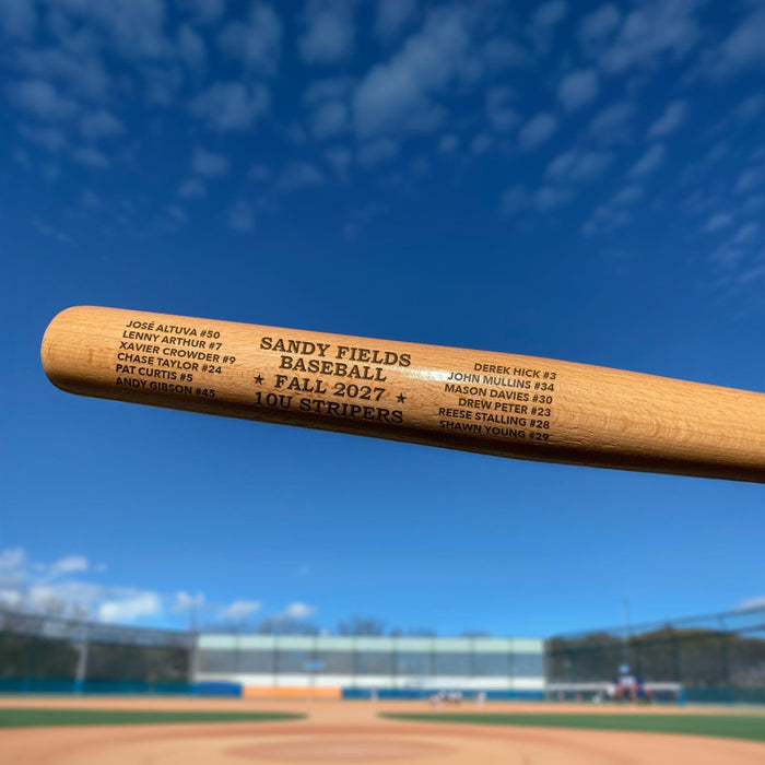 A custom engraved mini wooden baseball bat with text, held against a blue sky background.