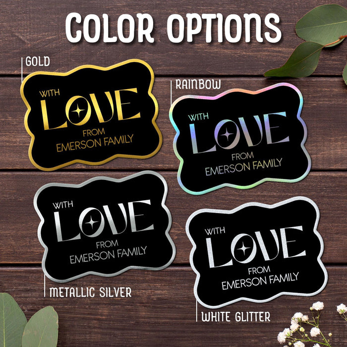 The “With Love” wedding gift tag design shown in Gold, Rainbow, Metallic Silver, and White Glitter foil finishes. Personalized foil cardstock tags feature custom sender names and modern typography.