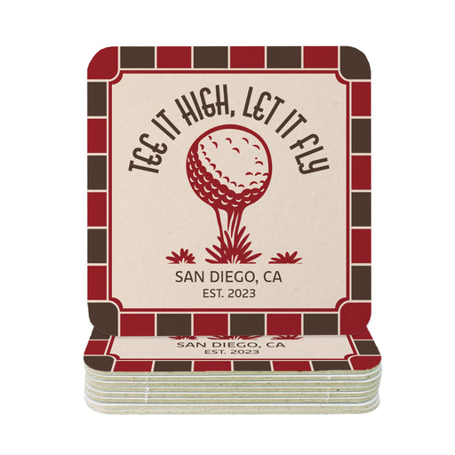 A coaster with the text "Tee it high, let it fly" and a golf ball graphic, along with the text "SAN DIEGO, CA EST. 2023".