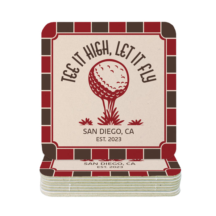A coaster with the text "Tee it high, let it fly" and a golf ball graphic, along with the text "SAN DIEGO, CA EST. 2023".