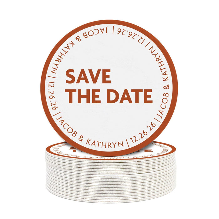 Save the Date wedding coaster featuring a modern circular border design with custom names and wedding date. Printed on heavyweight absorbent paper coaster material.