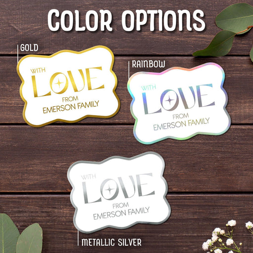 The “With Love” personalized wedding gift tag design shown in Gold, Rainbow, Metallic Silver, and White Glitter foil finishes. Custom foil cardstock tags are personalized with sender names for weddings and bridal showers.