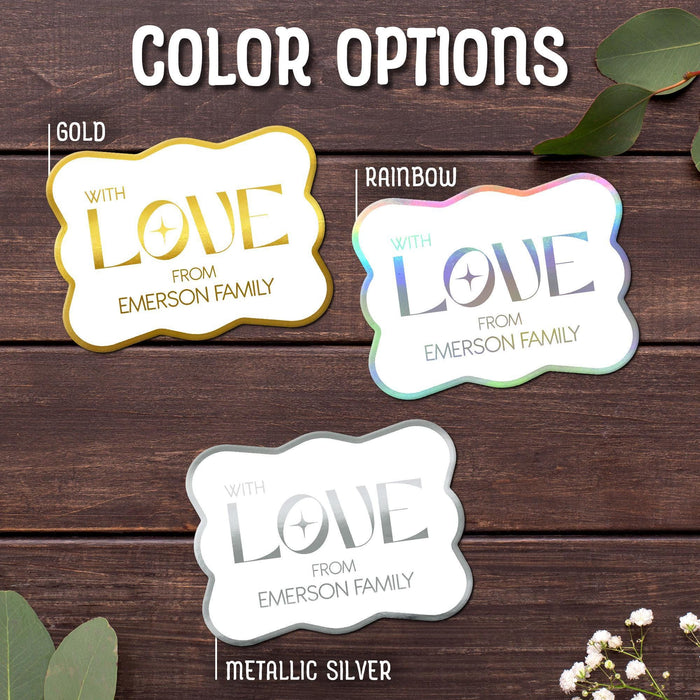 The “With Love” personalized wedding gift tag design shown in Gold, Rainbow, Metallic Silver, and White Glitter foil finishes. Custom foil cardstock tags are personalized with sender names for weddings and bridal showers.
