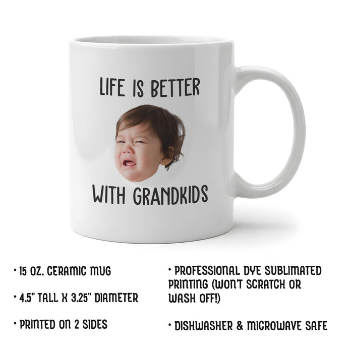 15 oz ceramic grandparents mug featuring a custom child photo and “Life Is Better With Grandkids” saying.