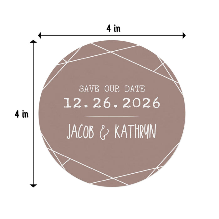 4-inch round Save the Date coaster with custom names and wedding date shown with dimensions.