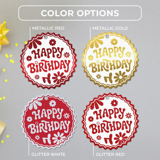 Color options for the UV printed round tag shown in metallic red, metallic gold, glitter white, and glitter red.