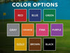 Color options include red, blue, green, gray, orange, pink, purple, gold, brown, and black. Background image is of a golf course by a pond.
