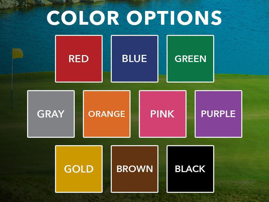 Color options include red, blue, green, gray, orange, pink, purple, gold, brown, and black. Background image is of a golf course by a pond.