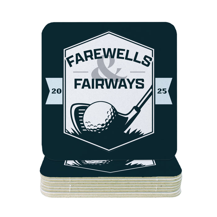 A stack of black and white coaster coasters with the text "FAREWELLS FAIRWAYS" printed on them.