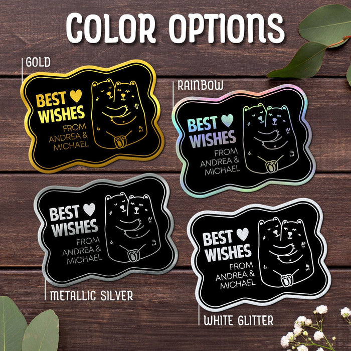 Close-up of the Bear Couple wedding gift tag design available in Gold, Rainbow, Metallic Silver, and White Glitter foil finishes. The personalized tag features a cute hugging bear illustration with “Best Wishes” text and custom sender names.