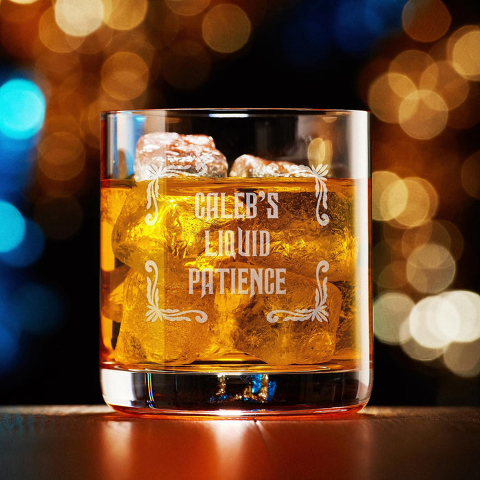 Elegant product photo of the engraved whiskey glass filled with whiskey and ice against a soft bokeh background. The custom design is centered and clearly visible, perfect for showcasing the finished personalized gift.