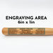 A mini wooden baseball bat with a team roster engraved on it, placed against a white background. The Engraving Area measures 6in x 1in.