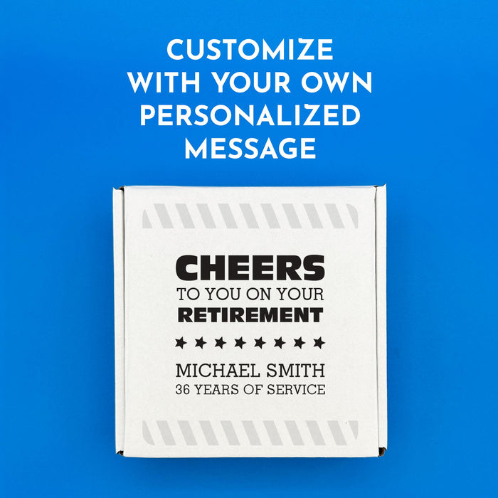 Personalized retirement gift box featuring a custom name and years of service. A thoughtful presentation box for retirement golf gifts.