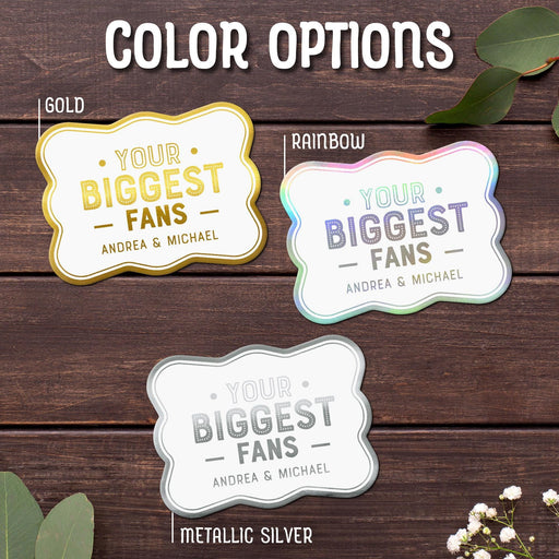 The “Your Biggest Fans” personalized wedding gift tag design shown in Gold, Rainbow, and Metallic Silver, foil finishes. Custom foil cardstock tags include personalized names for couples or gift givers.