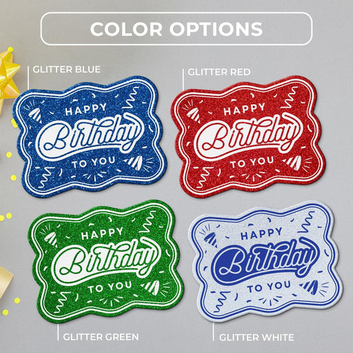 Confetti birthday tag color options in glitter blue, glitter red, glitter green, and glitter white.