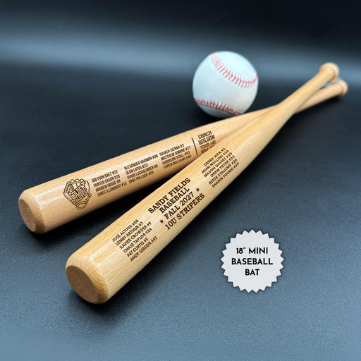 Two custom engraved wooden mini baseball bats and a baseball sit on a black background. One bat has a team logo and roster engraved on it and the other has a team roster engraved on it.