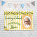 Retirement banner mounted on a white brick wall featuring lemon accents, custom photo, and personalized retiree name. Ideal for retirement party décor and photos.