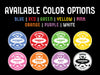 available color options are blue, red, green, yellow, pink, orange, purple, white
