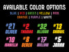 available color options are blue, red, green, yellow, pink, orange, purple, white
