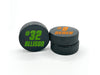 three stacked hockey pucks with printed name & number designs in the color green and orange with the names Allison and Derek