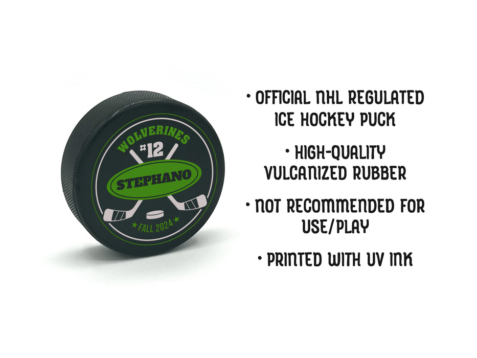item details are written out next to hockey puck 

official NHL regulated ice hockey puck, high-quality vulcanized rubber, not recommended for use and play, printed with UV ink