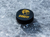single hockey puck on ice rink with helmet design printed in yellow that says Garett number 17