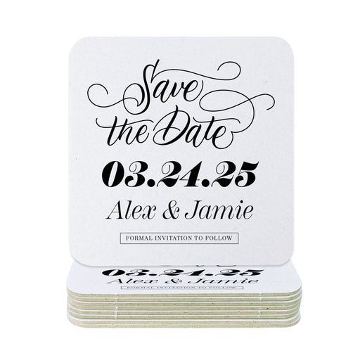  A stack of coasters with a single coaster on top shown on a white background. Coasters say Save the Date, wedding date, married couple names, and formal invitation to follow.